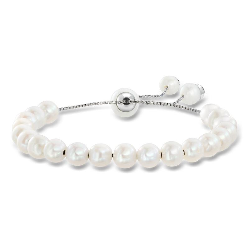 Cultured pearl bolo bracelet with sterling silver chain and adjustable sliding cord