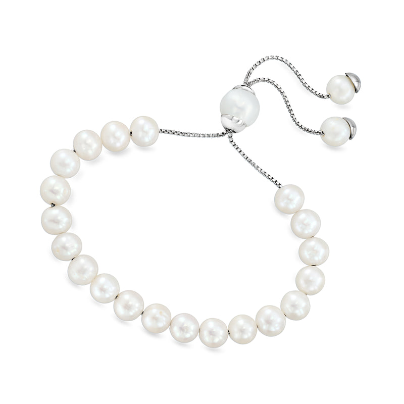 Cultured pearl bolo bracelet with round pearls and sterling silver slide clasp