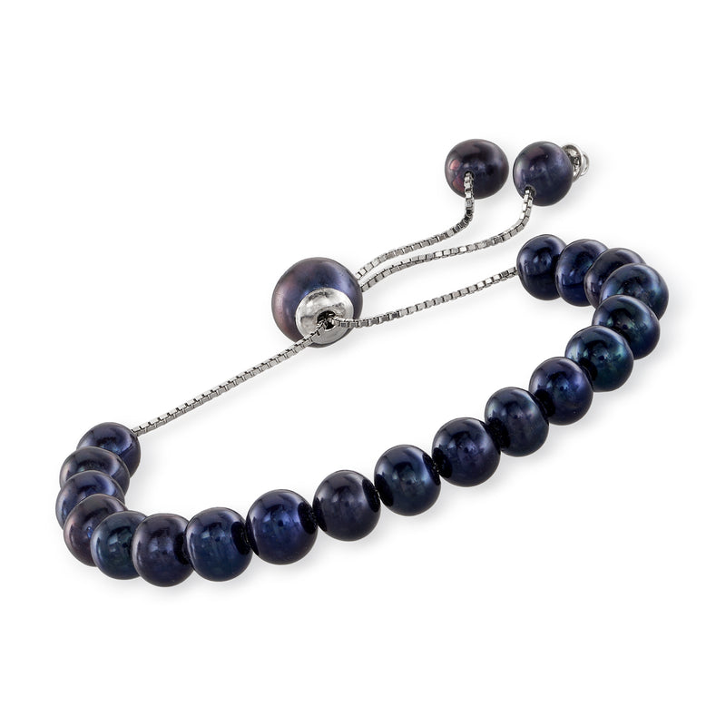 Black cultured pearl bolo bracelet with sterling silver slider clasp