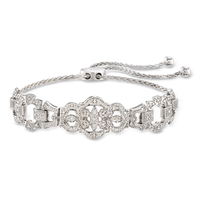 Sterling silver diamond openwork bolo bracelet with round center motif and safety chain