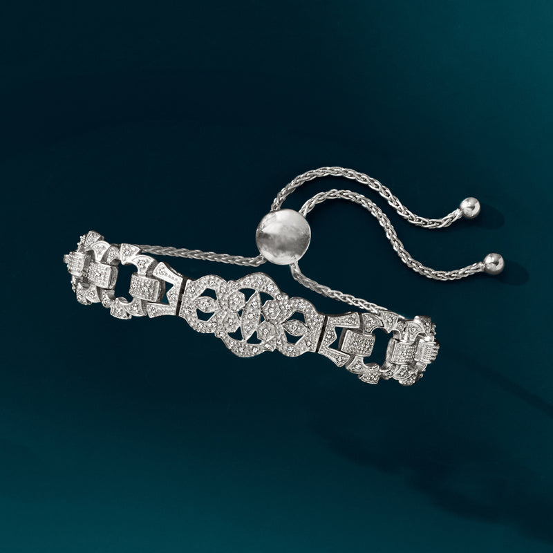Sterling silver diamond openwork bolo bracelet with round slide bead and flexible chain