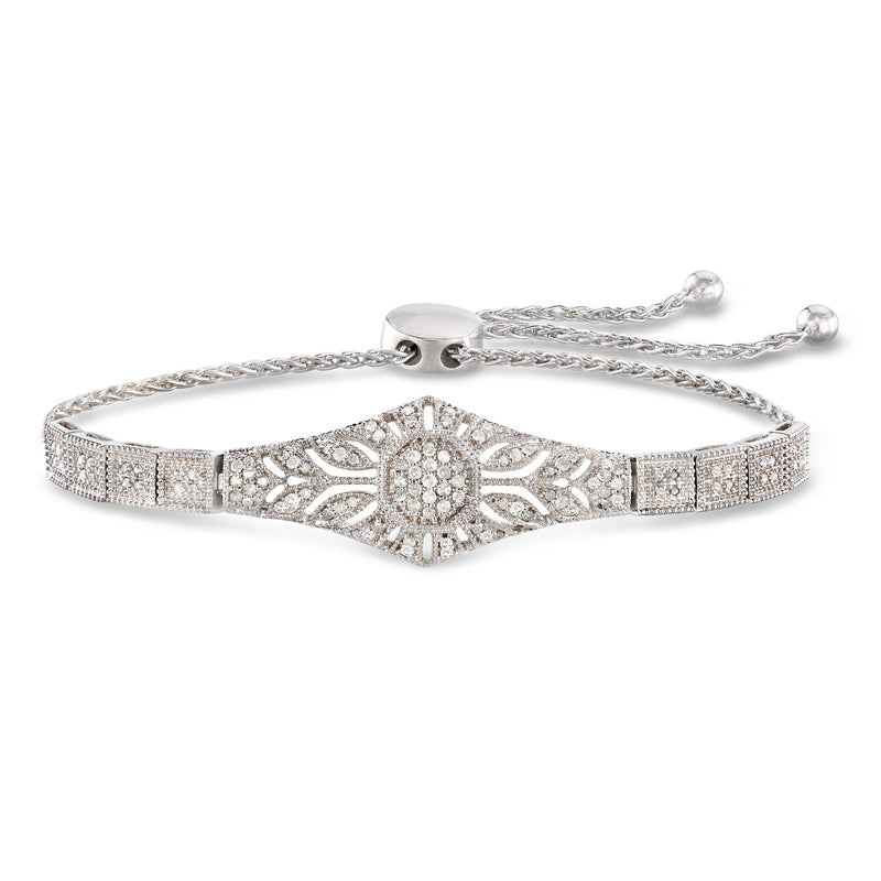 Diamond floral openwork bolo bracelet in sterling silver with adjustable chain