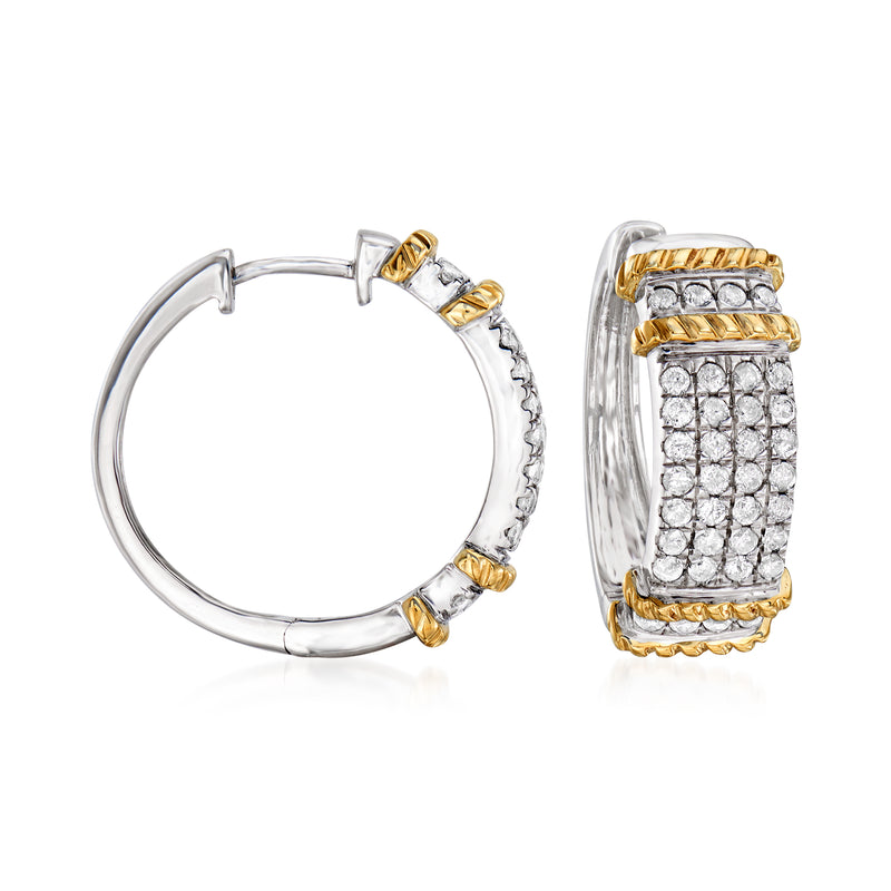 Sterling silver diamond hoop earrings with 14k yellow gold accents and clustered stones