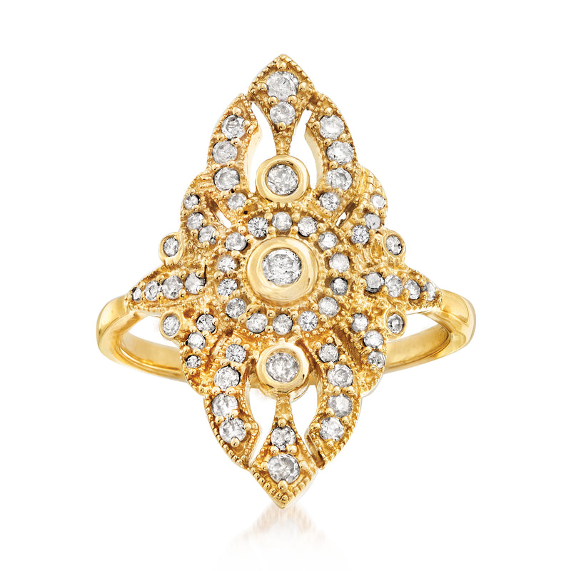 18kt gold over sterling openwork diamond ring with round stones, quatrefoil setting