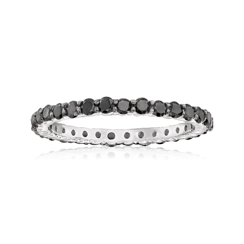 14kt white gold eternity band with black round diamonds and prong setting