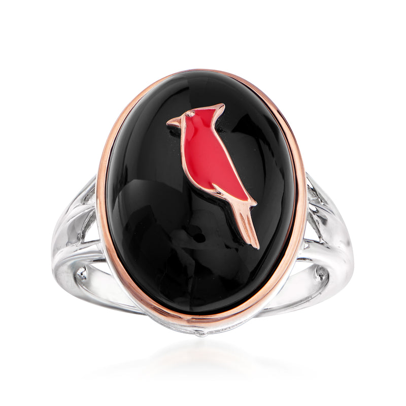 Two-tone sterling silver cardinal ring with oval black agate and red enamel bird