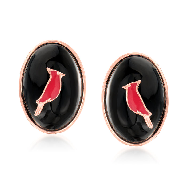 Two-tone cardinal earrings with oval black agate and red enamel bird, rose-gold bezel