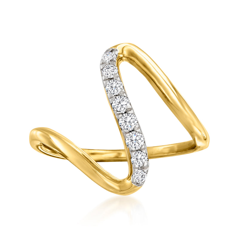 Gold wave ring with round diamond accents and open V band
