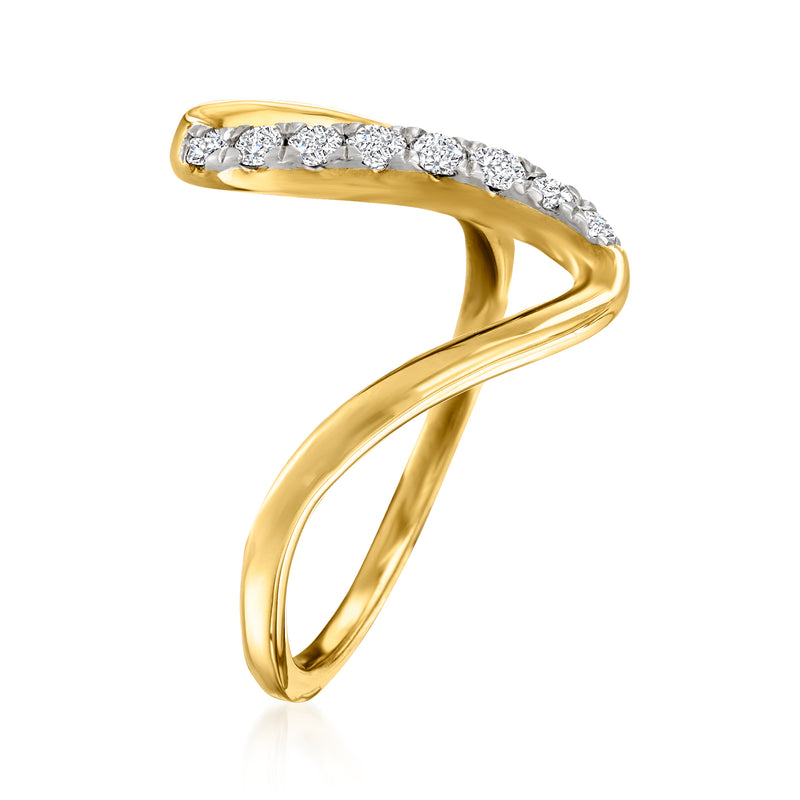 Gold wave diamond ring with row of round stones on curved split band
