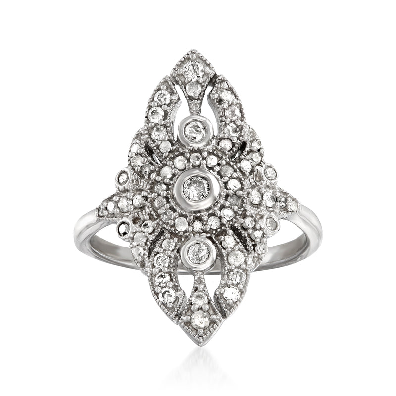 Diamond openwork ring in sterling silver with marquise and round stone details