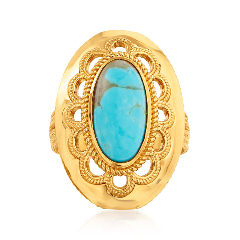 18kt gold over sterling oval turquoise cabochon ring with ornate filigree setting
