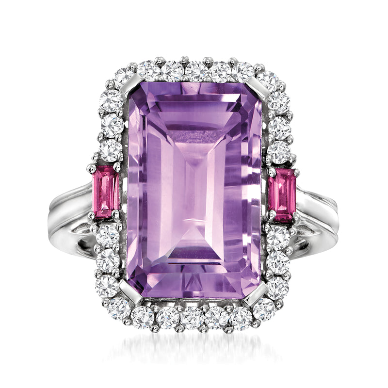 Sterling silver amethyst halo ring with clear stones and pink side accents