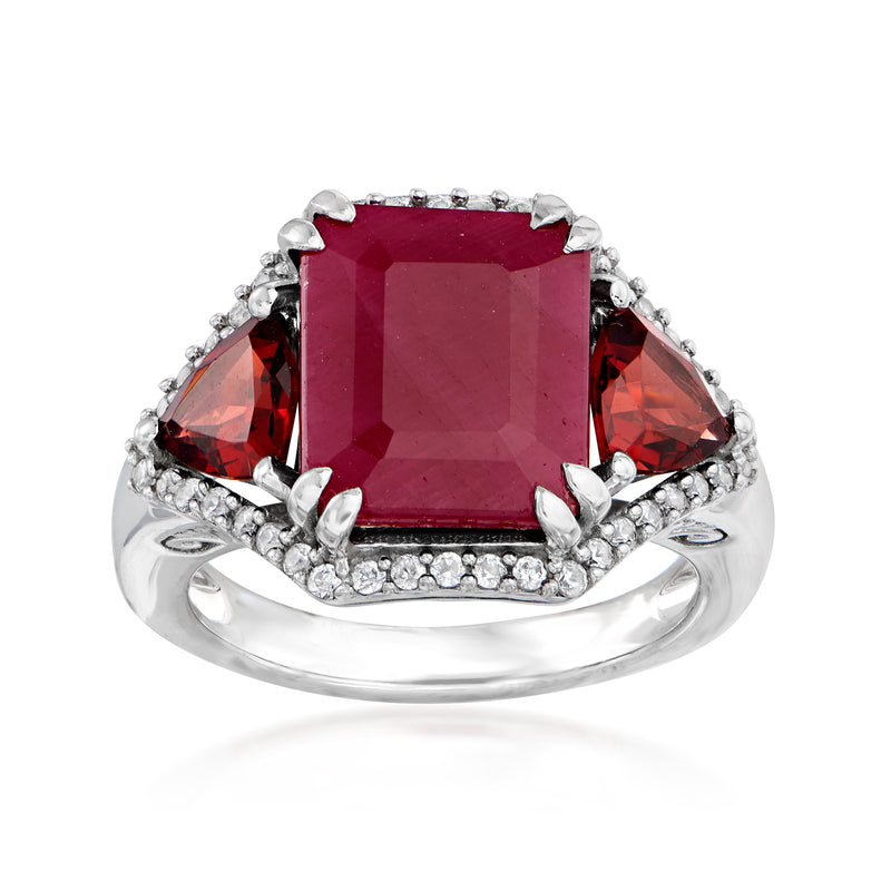 Sterling silver ring with square red ruby centerpiece and white zircon side accents