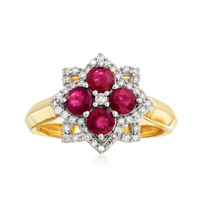 14kt yellow gold floral ring with three red rubies and diamond halo