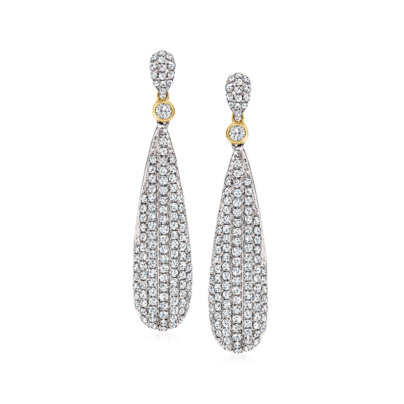 Diamond drop earrings with teardrop pave design, sterling silver and yellow gold accents