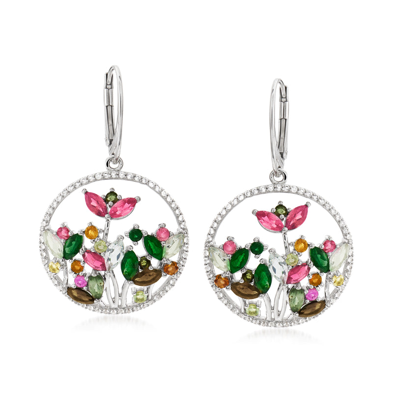 Sterling silver floral oval drop earrings with multicolored gem inlay and leverback hooks