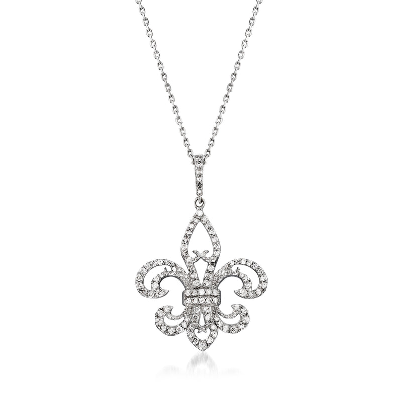 Sterling silver diamond fleur-de-lis pendant necklace, teardrop bail