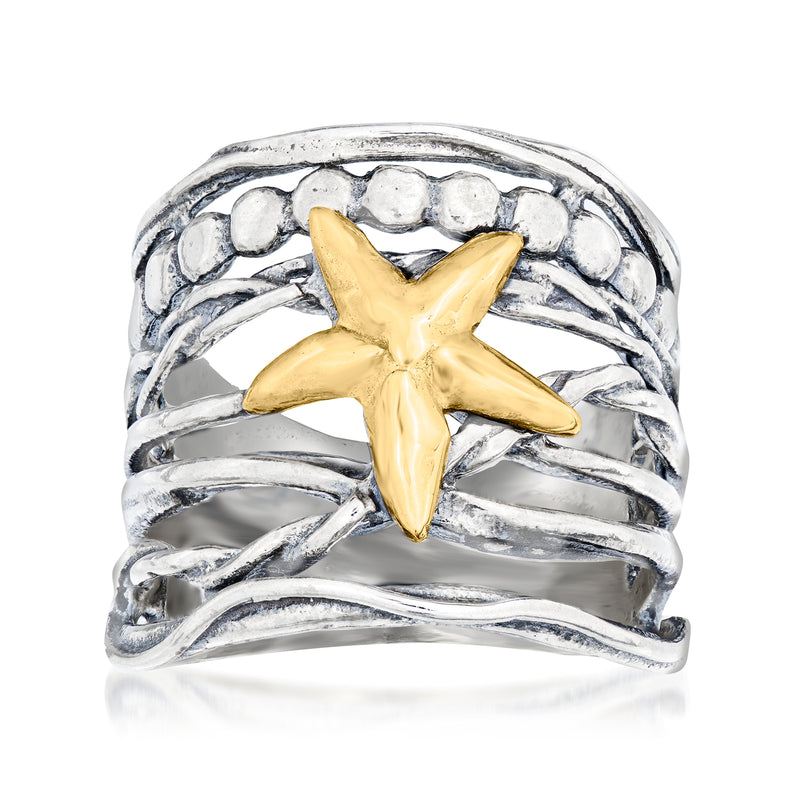 Sterling silver starfish ring with yellow gold starfish centerpiece, multi-row band
