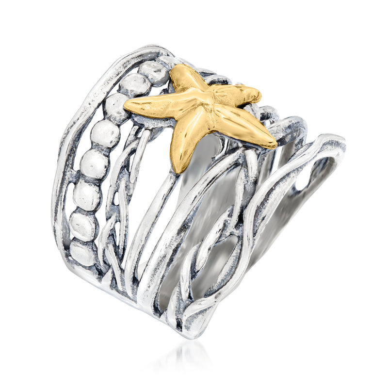 Sterling silver starfish ring, yellow gold starfish on textured multi-row band