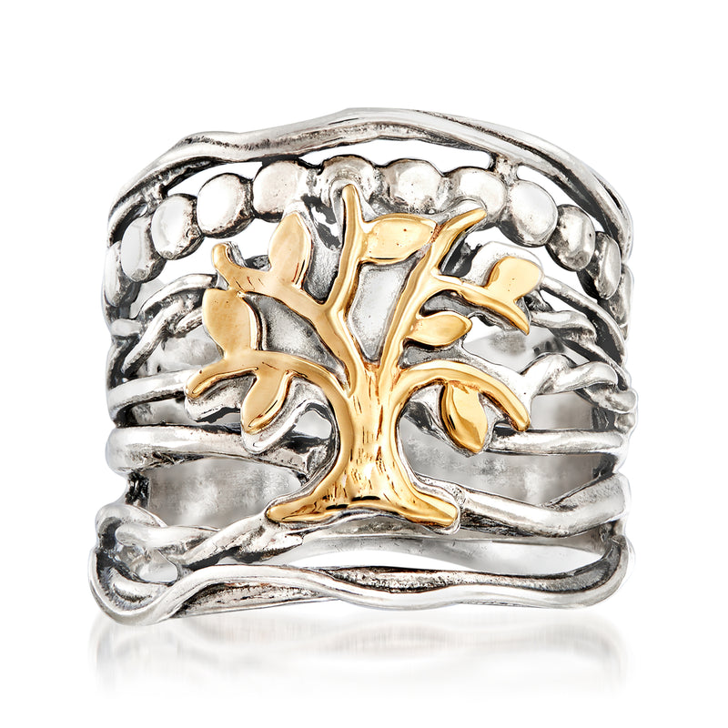 Tree of Life ring with sterling silver multi-row band and 14kt yellow gold tree detail