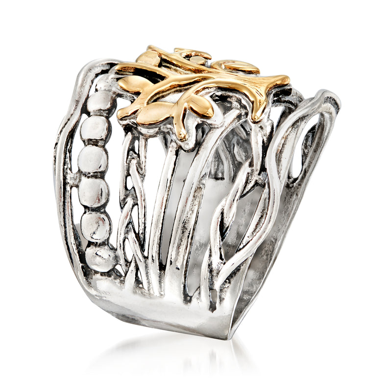 Sterling silver multi-row band ring with raised 14kt yellow gold Tree of Life detail