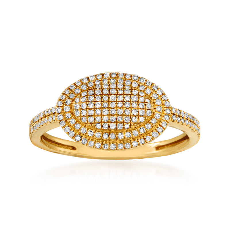 Pave diamond ring in 14kt yellow gold with oval halo setting