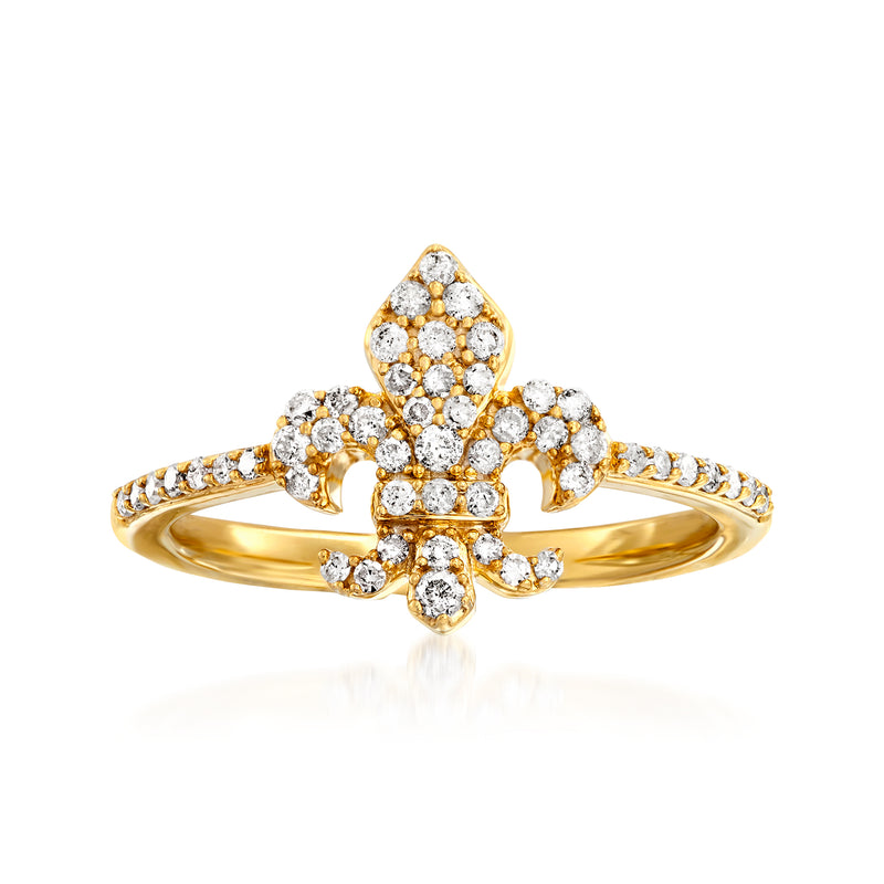 Gold over sterling diamond fleur-de-lis ring with round white stones, openwork crown top