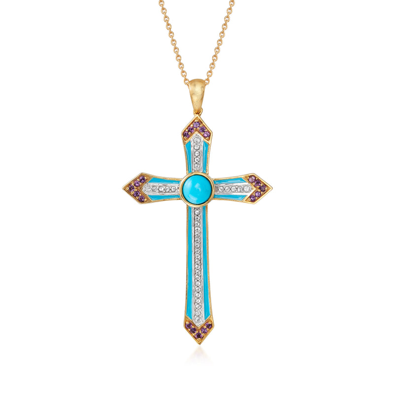 Gold cross pendant necklace with turquoise enamel and purple gemstone accents, round turquoise center