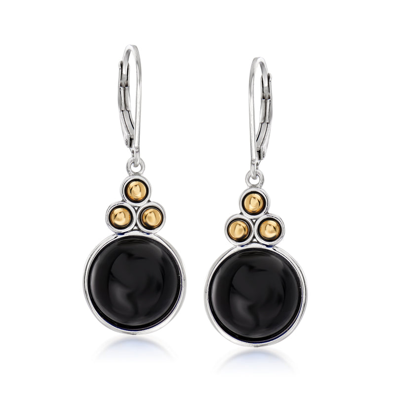 Black onyx drop earrings with round black stone, silver leverback and yellow-gold accents