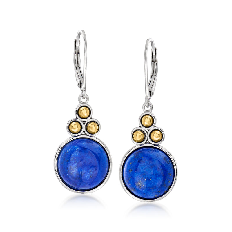 Lapis drop earrings with round blue stone, sterling silver with yellow gold accents, leverback