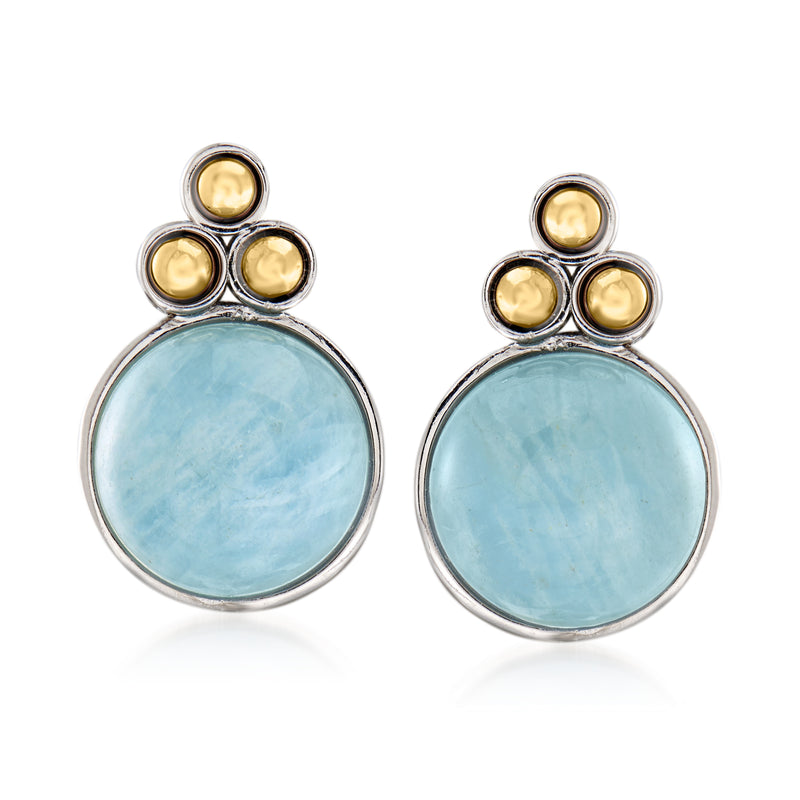 Sterling silver aquamarine round drop earrings with three 14k yellow gold accents, posts