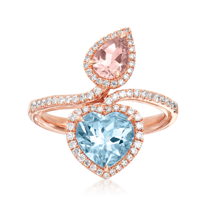 14kt rose gold bypass ring with heart aquamarine center, diamond halos, morganite accent