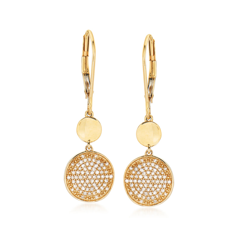 14kt yellow gold pave diamond disc drop earrings with round leverback hooks