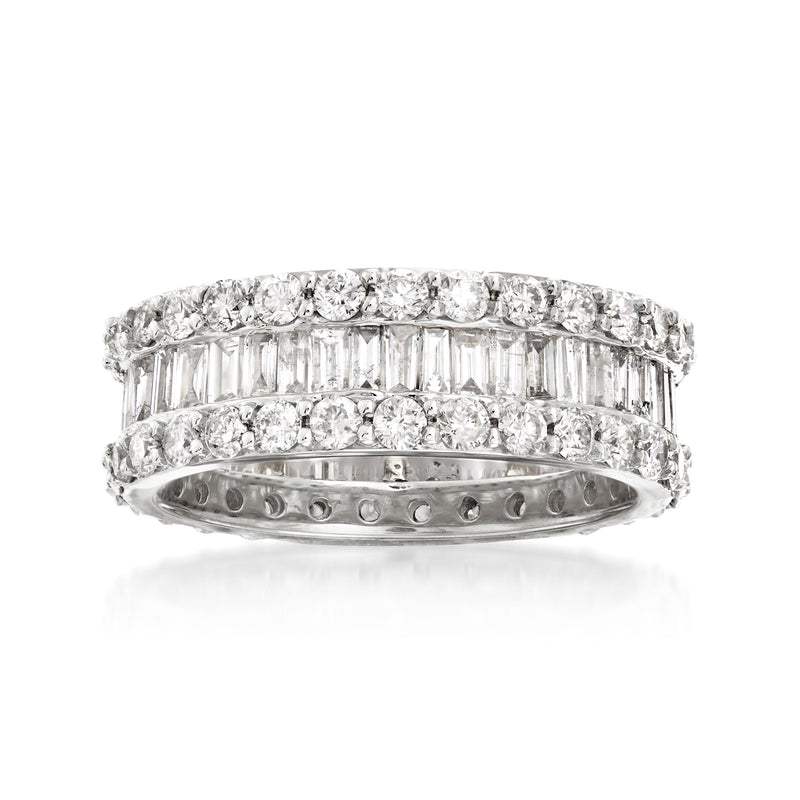 14kt white gold diamond eternity ring with round and baguette stones, prong-set