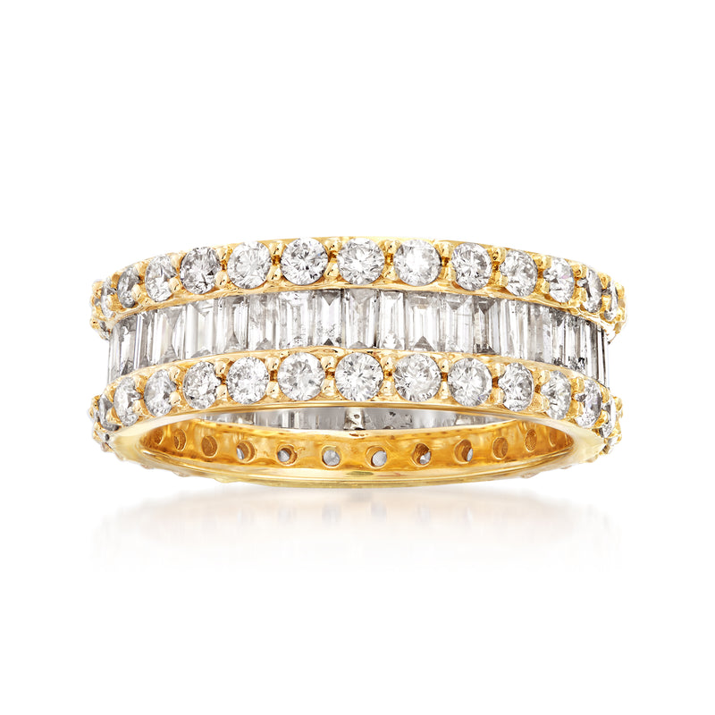 14kt yellow gold diamond eternity ring with round & baguette stones, two-row band