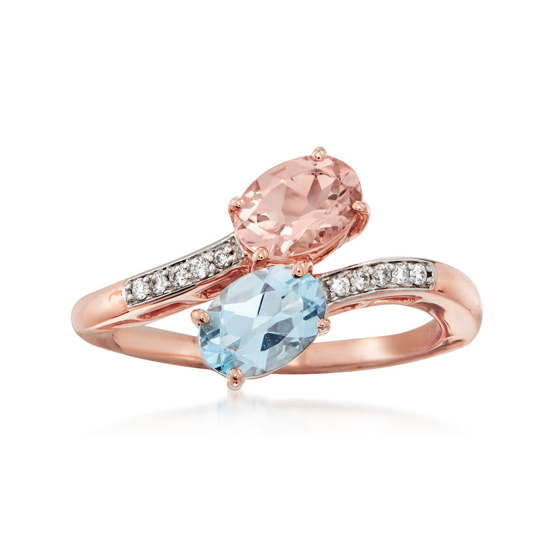 14kt rose gold bypass ring with oval morganite, oval aquamarine, and diamond accents