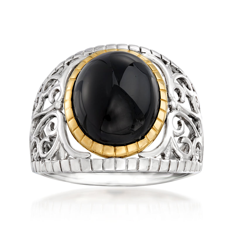 Sterling silver oval onyx ring with 14kt gold bezel and ornate filigree band