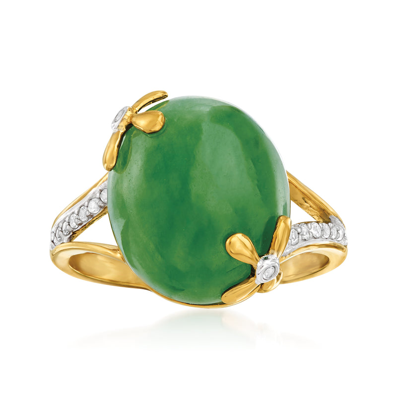 18kt gold over sterling ring with large green jade-like cabochon and three clear stones