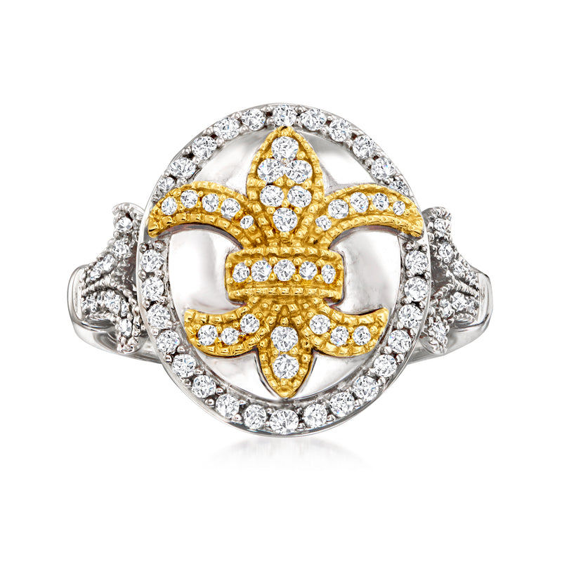 Diamond fleur-de-lis ring with yellow gold center and sterling silver diamond halo