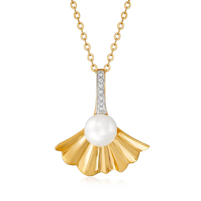 18k gold over sterling fan pendant necklace with cultured pearl and diamond accents