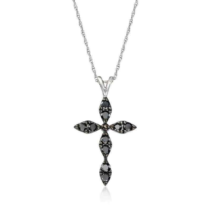 Black diamond cross pendant necklace in 14kt white gold, pear-shaped stones