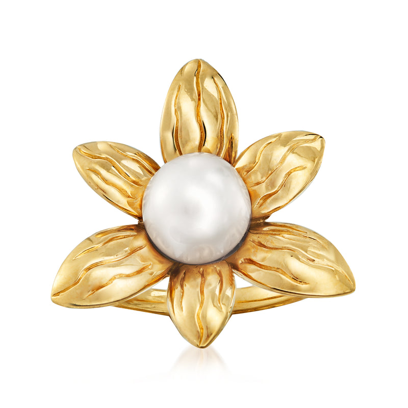 Gold-tone flower ring with cultured pearl center, sculpted petal design