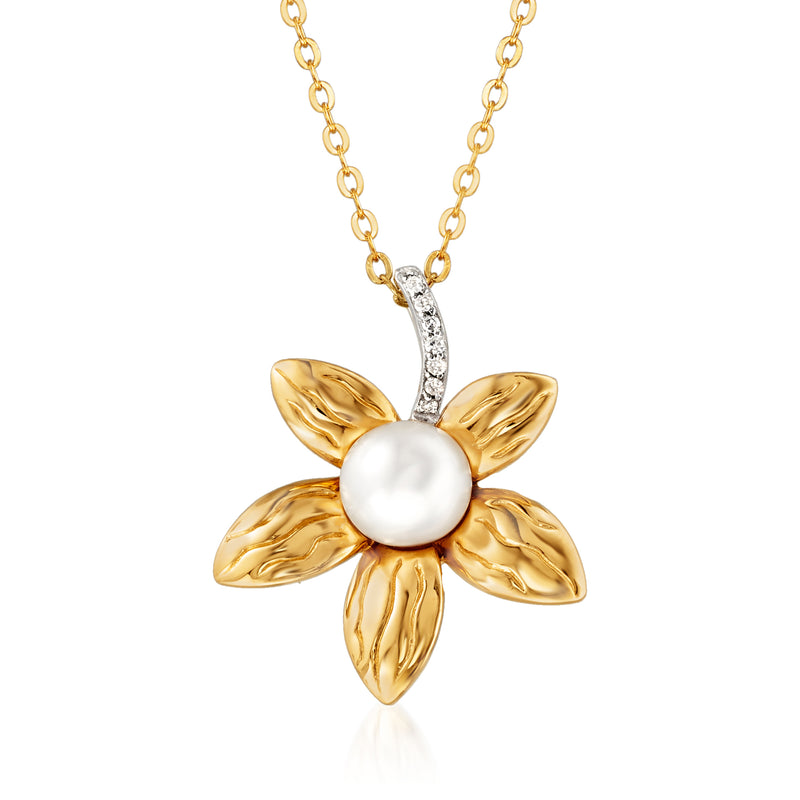 Cultured pearl flower pendant necklace in 18kt gold over sterling, round white pearl center