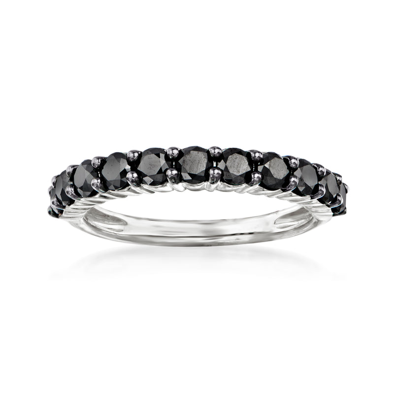 14kt white gold black diamond ring with round black stones across the band