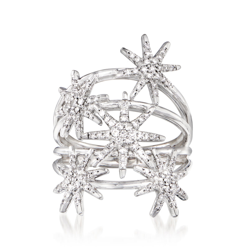 14kt white gold diamond multi-row star ring with four star clusters
