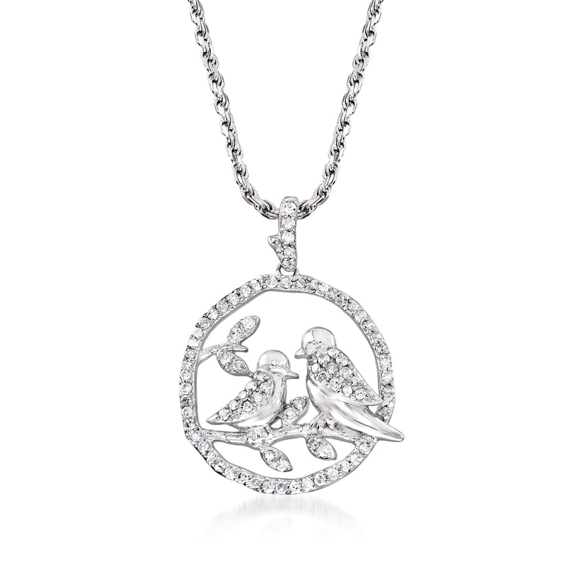 Sterling silver pendant necklace with round diamond birds on branch design