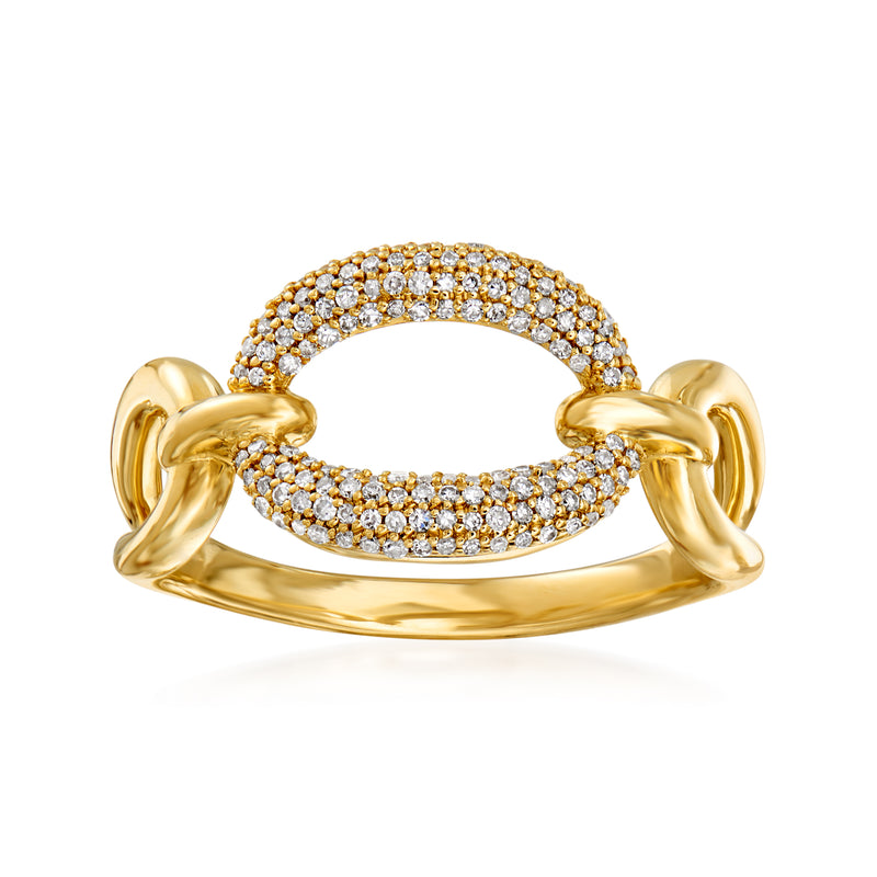 Diamond paper clip link ring in 14kt yellow gold with pavé oval center link