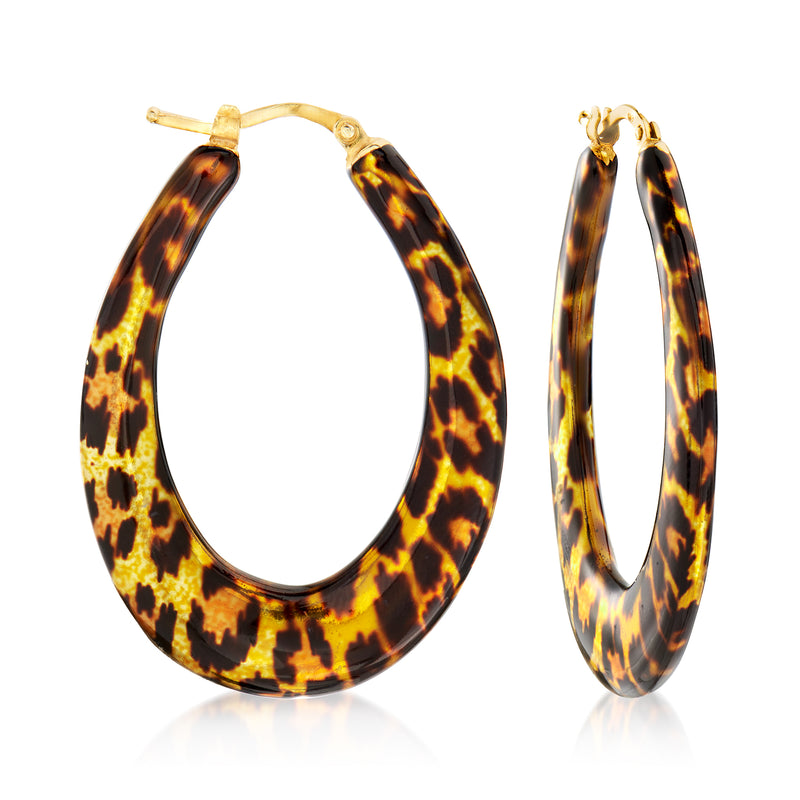 Leopard-print enamel hoop earrings, 18kt gold over sterling, teardrop profile
