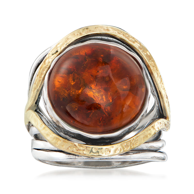 Oval amber gemstone ring in sterling silver with 14kt yellow gold bezel and accents