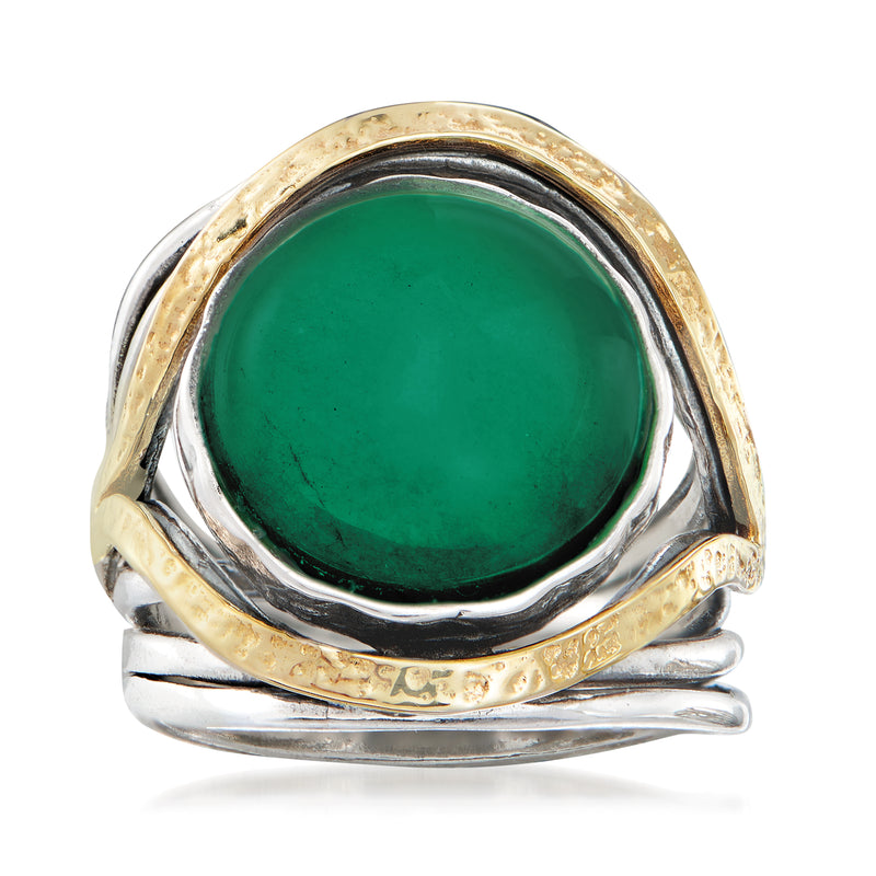 Oval green chalcedony cabochon ring in sterling silver with 14kt yellow gold bezel